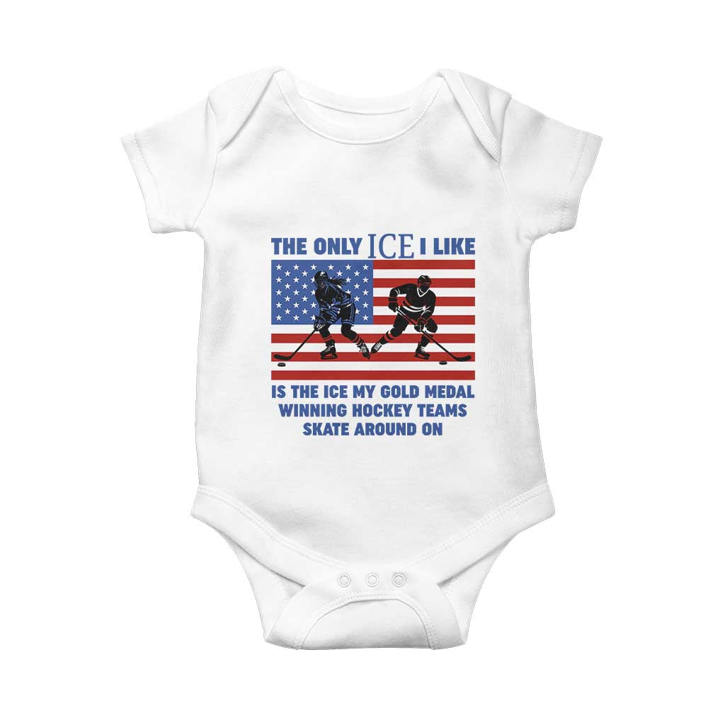 USA Gold Medal Hockey Patriotic American Flag Baby Onesie The Only Ice I Like Champions TS02 White Print Your Wear