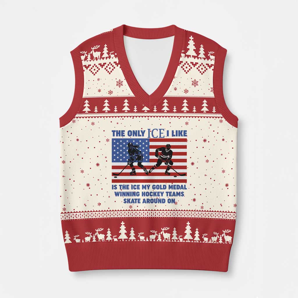 USA Gold Medal Hockey Patriotic American Flag V-Neck Knit Sweater Vest The Only Ice I Like Champions TS02 Beige Red Print Your Wear