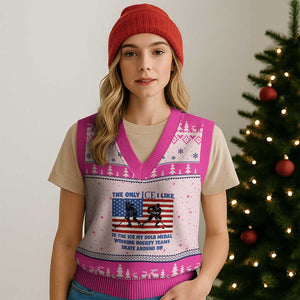 USA Gold Medal Hockey Patriotic American Flag V-Neck Knit Sweater Vest The Only Ice I Like Champions TS02 Hot Pink Print Your Wear