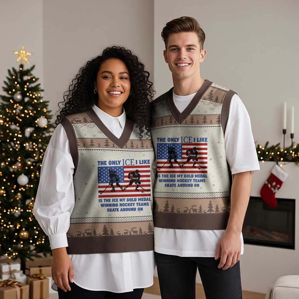 USA Gold Medal Hockey Patriotic American Flag V-Neck Knit Sweater Vest The Only Ice I Like Champions TS02 Mocha Mousse Print Your Wear