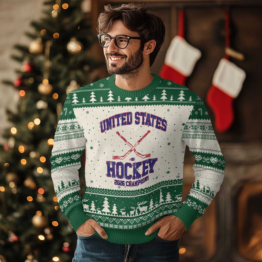 United States Hockey 2026 Champions Ugly Christmas Sweater Patriotic USA Ice Hockey Victory Fan TS02 Beige Green Print Your Wear