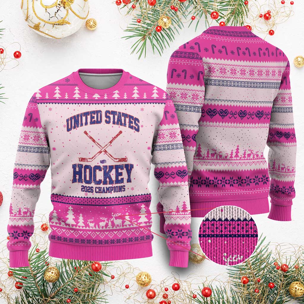 United States Hockey 2026 Champions Ugly Christmas Sweater Patriotic USA Ice Hockey Victory Fan TS02 Hot Pink Print Your Wear