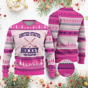 United States Hockey 2026 Champions Ugly Christmas Sweater Patriotic USA Ice Hockey Victory Fan TS02 Hot Pink Print Your Wear