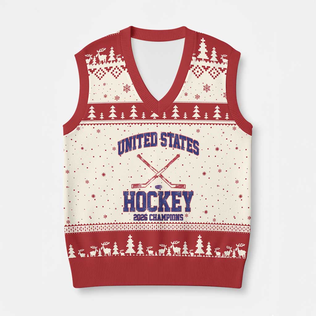 United States Hockey 2026 Champions V-Neck Knit Sweater Vest Patriotic USA Ice Hockey Victory Fan TS02 Beige Red Print Your Wear