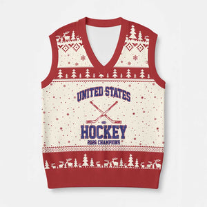 United States Hockey 2026 Champions V-Neck Knit Sweater Vest Patriotic USA Ice Hockey Victory Fan TS02 Beige Red Print Your Wear