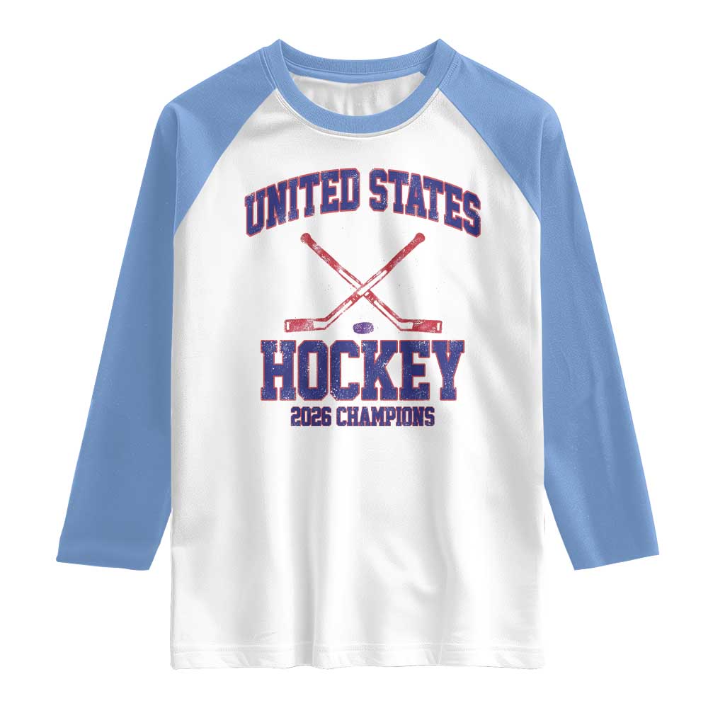 United States Hockey 2026 Champions Raglan Shirt Patriotic USA Ice Hockey Victory Fan TS02 White Carolina Blue Print Your Wear