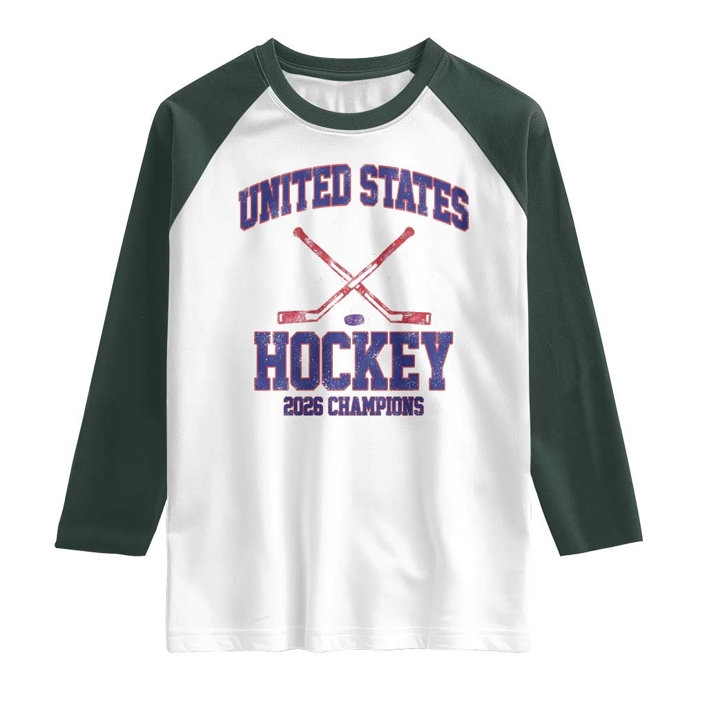 United States Hockey 2026 Champions Raglan Shirt Patriotic USA Ice Hockey Victory Fan TS02 White Dark Forest Green Print Your Wear