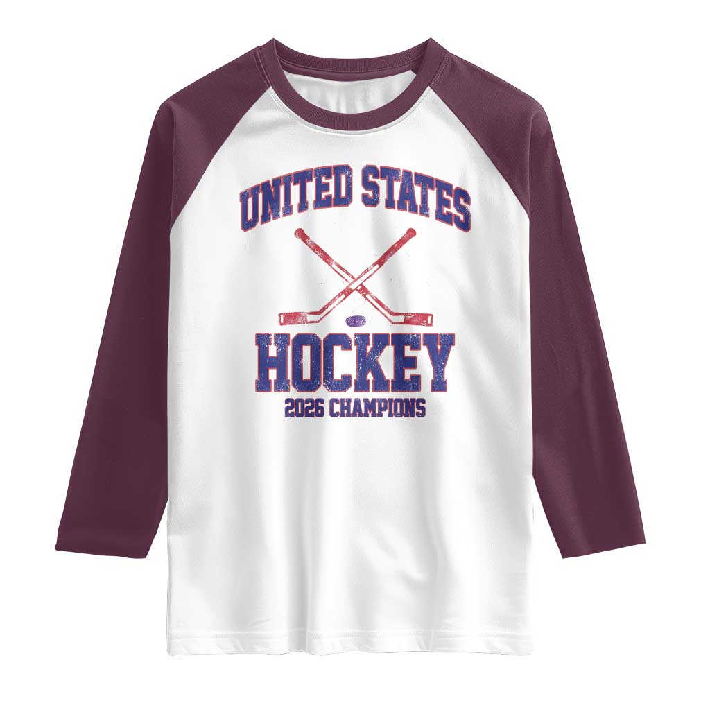 United States Hockey 2026 Champions Raglan Shirt Patriotic USA Ice Hockey Victory Fan TS02 White Maroon Print Your Wear