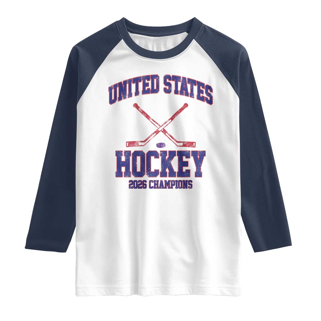 United States Hockey 2026 Champions Raglan Shirt Patriotic USA Ice Hockey Victory Fan TS02 White Navy Print Your Wear