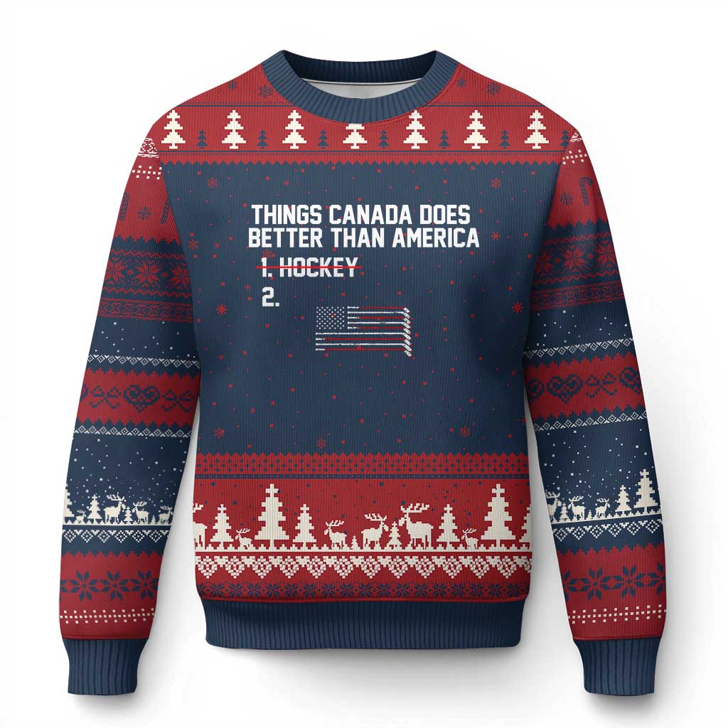 Things Canada Does Better Than America Hockey Joke Ugly Christmas Sweater Funny USA Ice Hockey Rivalry Patriotic TS02 Navy Red Print Your Wear