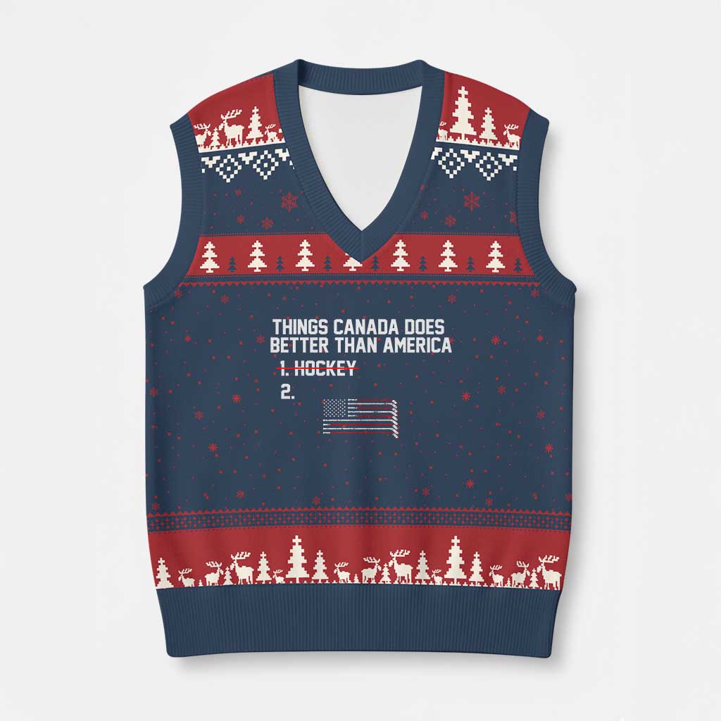 Things Canada Does Better Than America Hockey Joke V-Neck Knit Sweater Vest Funny USA Ice Hockey Rivalry Patriotic TS02 Navy Red Print Your Wear