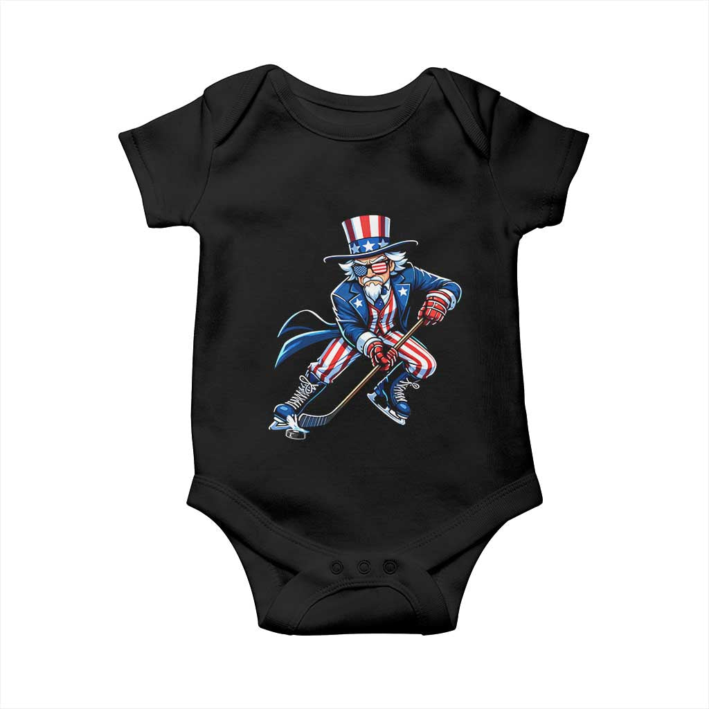 Uncle Sam Playing Hockey Patriotic Graphic Baby Onesie Funny USA Ice Hockey American Pride TS02 Black Print Your Wear