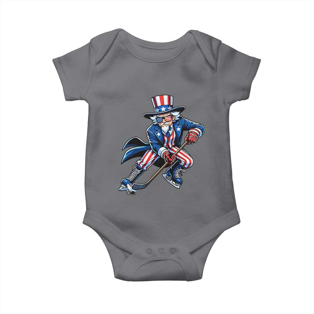 Uncle Sam Playing Hockey Patriotic Graphic Baby Onesie Funny USA Ice Hockey American Pride TS02 Charcoal Print Your Wear