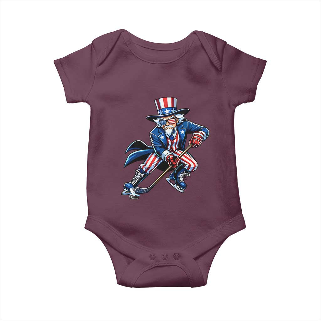 Uncle Sam Playing Hockey Patriotic Graphic Baby Onesie Funny USA Ice Hockey American Pride TS02 Maroon Print Your Wear