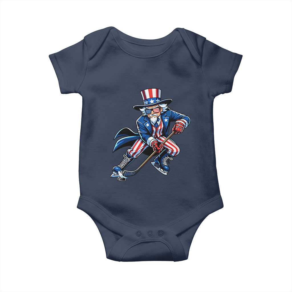 Uncle Sam Playing Hockey Patriotic Graphic Baby Onesie Funny USA Ice Hockey American Pride TS02 Navy Print Your Wear