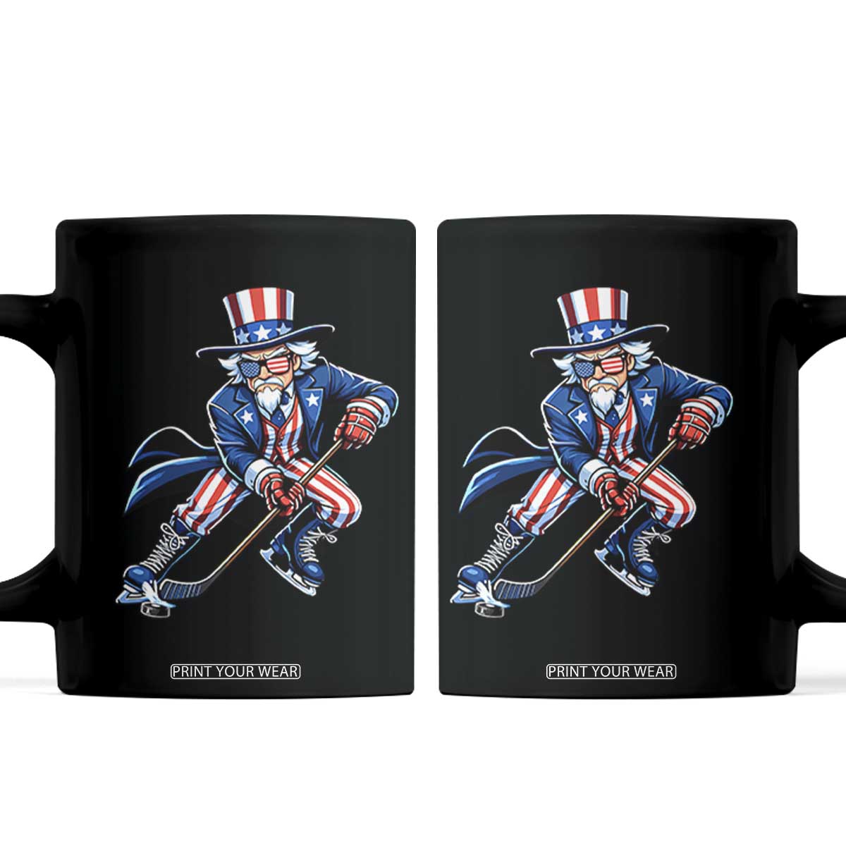 Uncle Sam Playing Hockey Patriotic Graphic Coffee Mug Funny USA Ice Hockey American Pride TS02 Black Print Your Wear