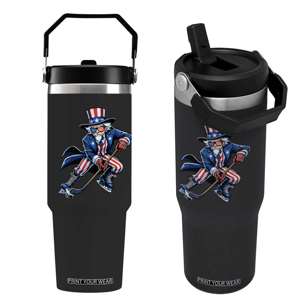 Uncle Sam Playing Hockey Patriotic Graphic Flip Straw Tumbler Funny USA Ice Hockey American Pride TS02 One Size: 30 oz Black Print Your Wear