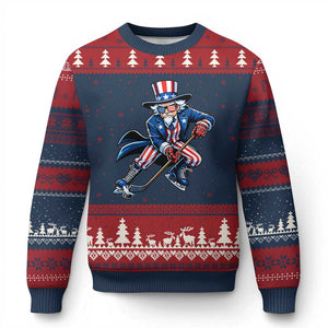 Uncle Sam Playing Hockey Patriotic Graphic Ugly Christmas Sweater Funny USA Ice Hockey American Pride TS02 Navy Red Print Your Wear