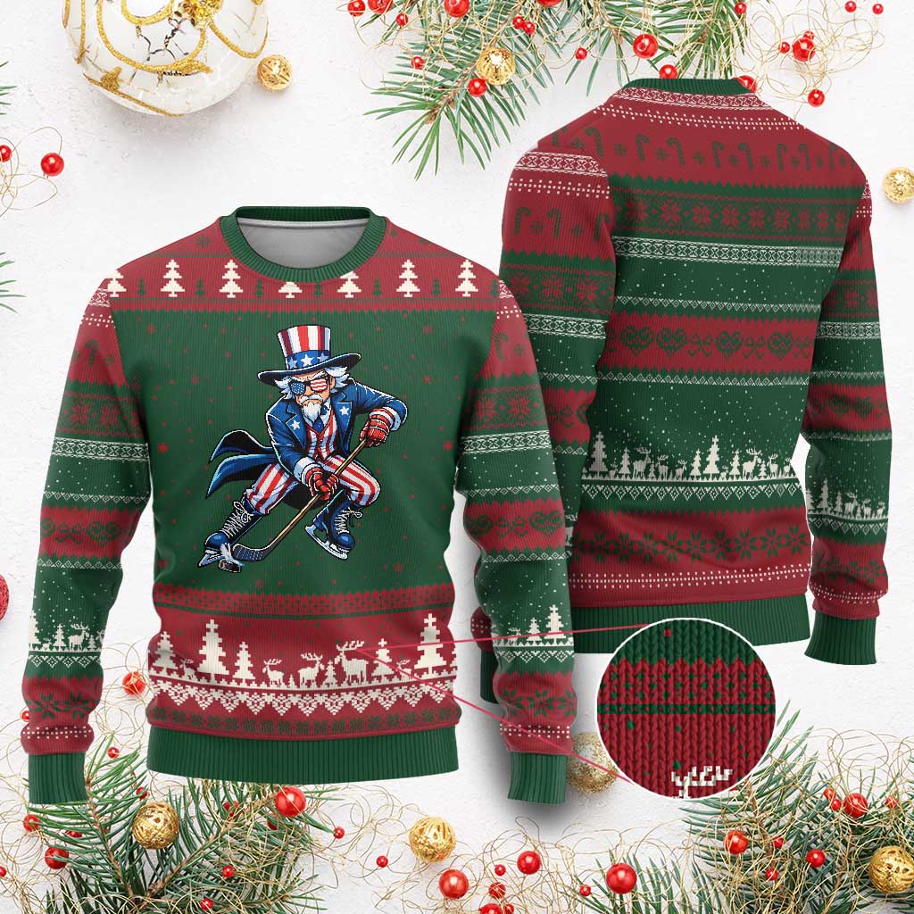 Uncle Sam Playing Hockey Patriotic Graphic Ugly Christmas Sweater Funny USA Ice Hockey American Pride TS02 Red Green Print Your Wear
