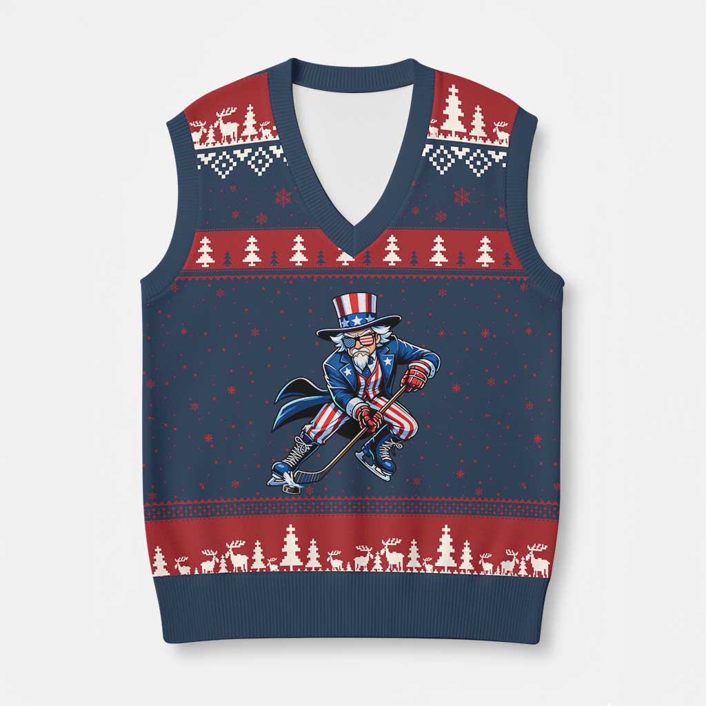 Uncle Sam Playing Hockey Patriotic Graphic V-Neck Knit Sweater Vest Funny USA Ice Hockey American Pride TS02 Navy Red Print Your Wear