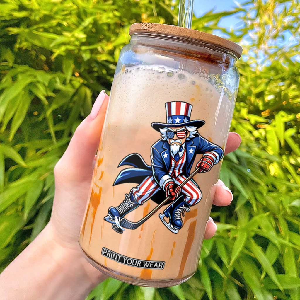 Uncle Sam Playing Hockey Patriotic Graphic Glass Can Funny USA Ice Hockey American Pride TS02 Black Print Your Wear