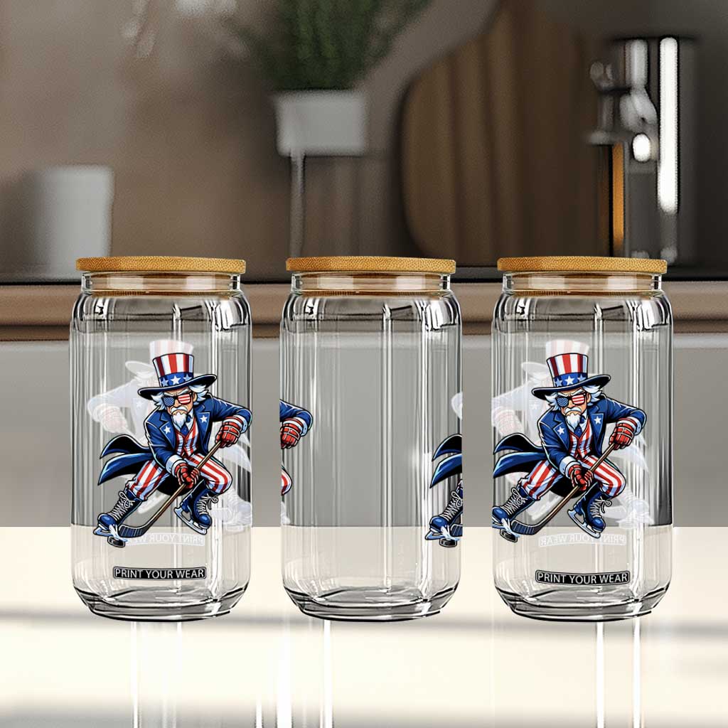 Uncle Sam Playing Hockey Patriotic Graphic Glass Can Funny USA Ice Hockey American Pride TS02 Print Your Wear