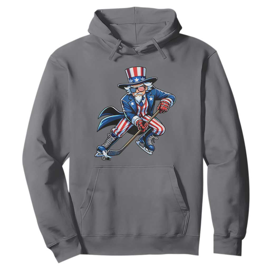 Uncle Sam Playing Hockey Patriotic Graphic Hoodie Funny USA Ice Hockey American Pride TS02 Charcoal Print Your Wear