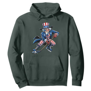 Uncle Sam Playing Hockey Patriotic Graphic Hoodie Funny USA Ice Hockey American Pride TS02 Dark Forest Green Print Your Wear