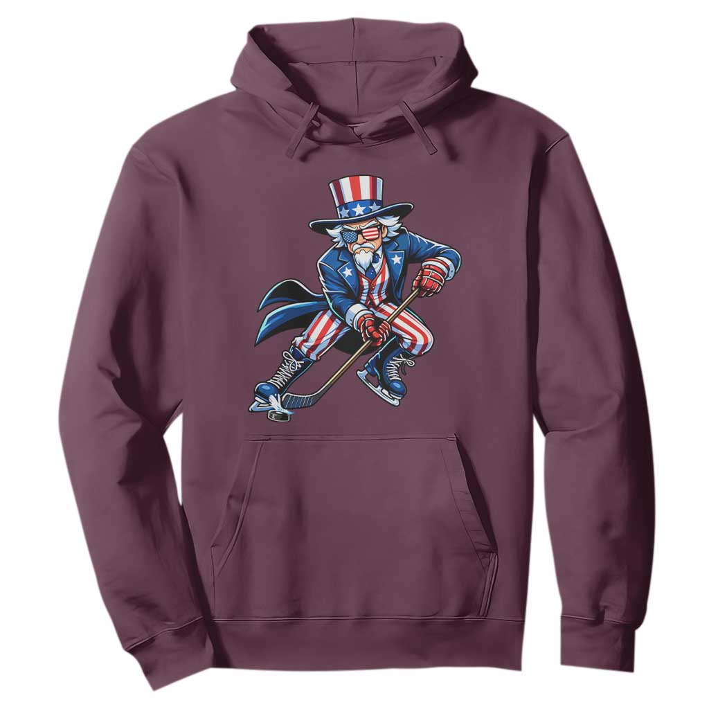 Uncle Sam Playing Hockey Patriotic Graphic Hoodie Funny USA Ice Hockey American Pride TS02 Maroon Print Your Wear