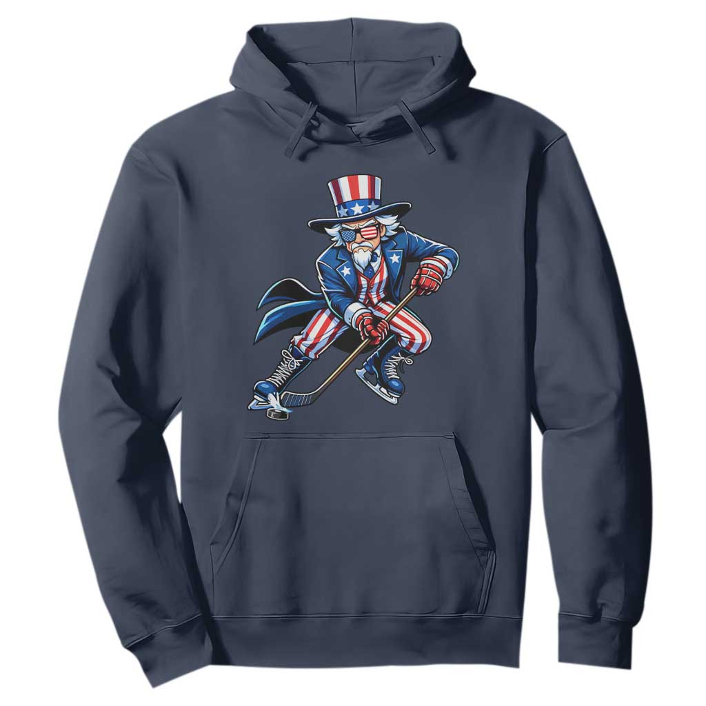 Uncle Sam Playing Hockey Patriotic Graphic Hoodie Funny USA Ice Hockey American Pride TS02 Navy Print Your Wear