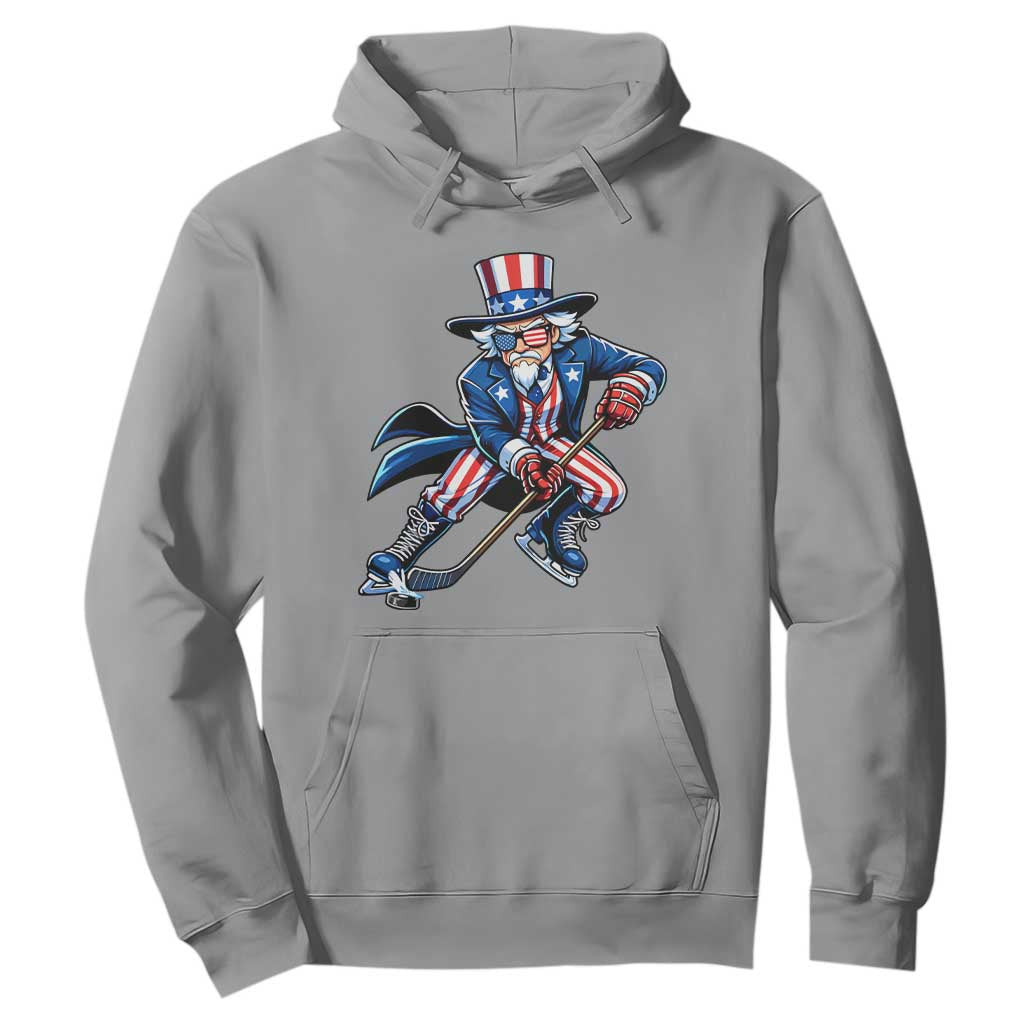 Uncle Sam Playing Hockey Patriotic Graphic Hoodie Funny USA Ice Hockey American Pride TS02 Sport Gray Print Your Wear