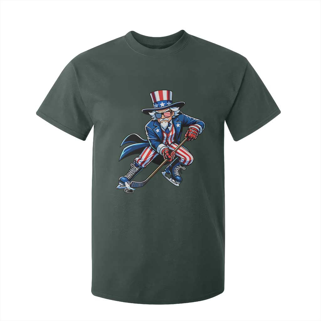 Uncle Sam Playing Hockey Patriotic Graphic T Shirt For Kid Funny USA Ice Hockey American Pride TS02 Dark Forest Green Print Your Wear