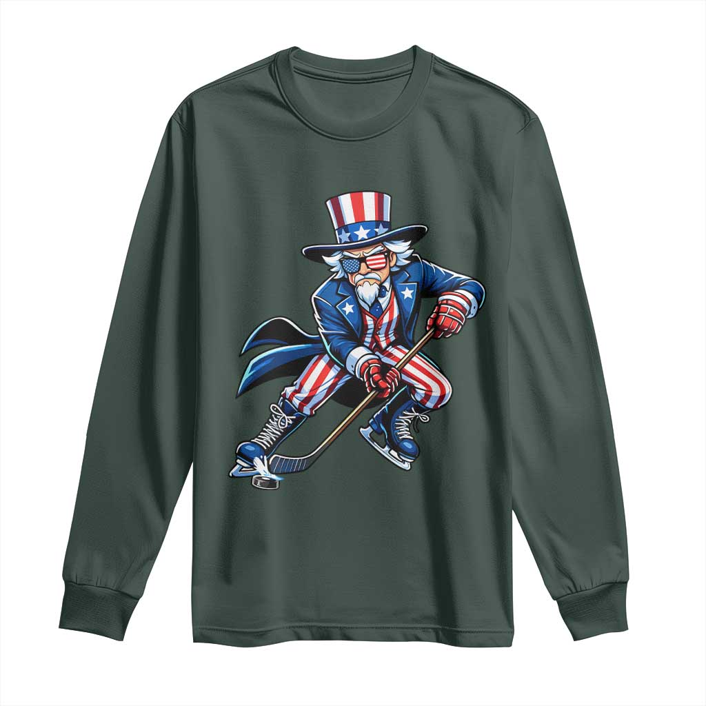 Uncle Sam Playing Hockey Patriotic Graphic Long Sleeve Shirt Funny USA Ice Hockey American Pride TS02 Dark Forest Green Print Your Wear