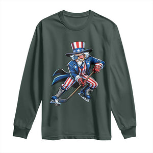 Uncle Sam Playing Hockey Patriotic Graphic Long Sleeve Shirt Funny USA Ice Hockey American Pride TS02 Dark Forest Green Print Your Wear