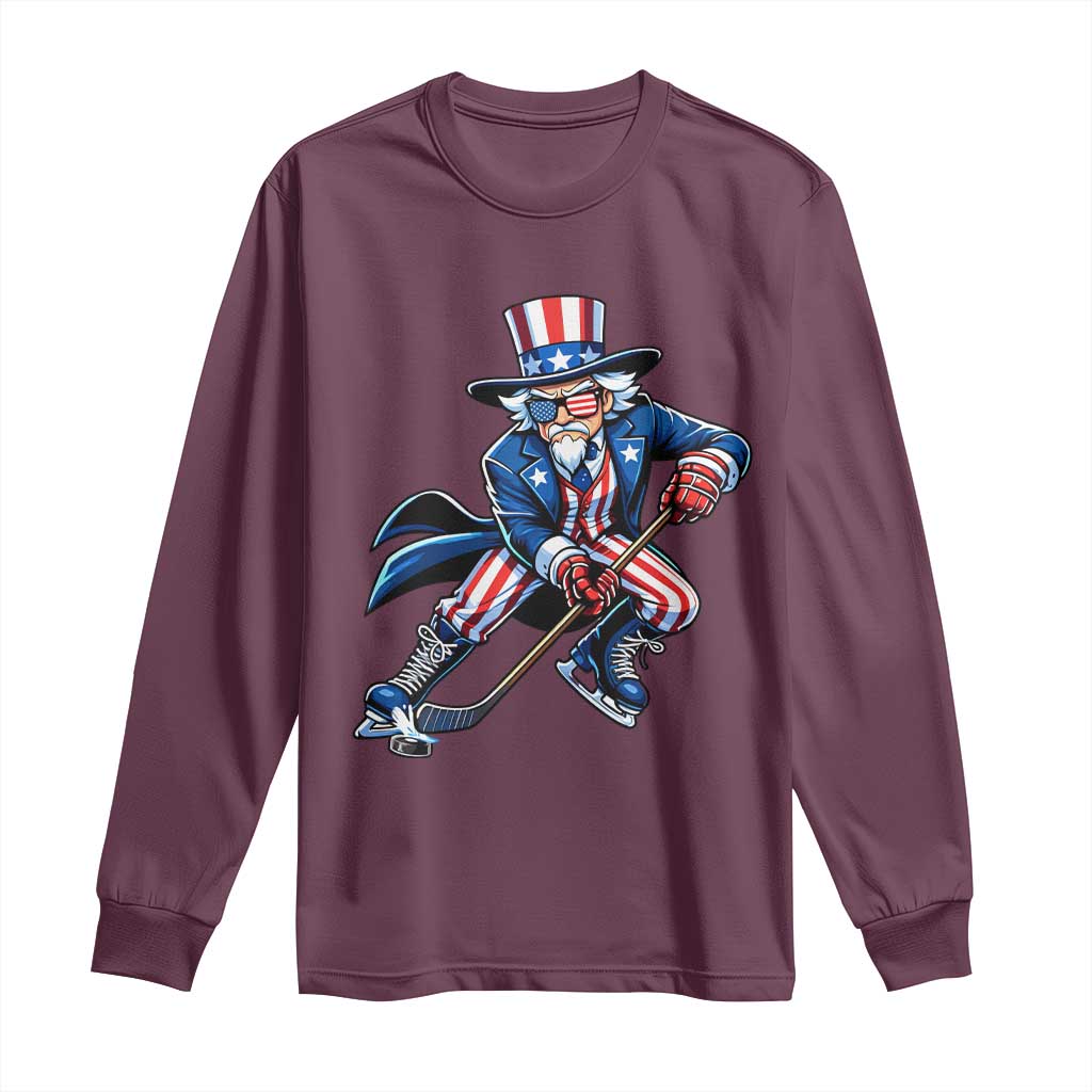 Uncle Sam Playing Hockey Patriotic Graphic Long Sleeve Shirt Funny USA Ice Hockey American Pride TS02 Maroon Print Your Wear