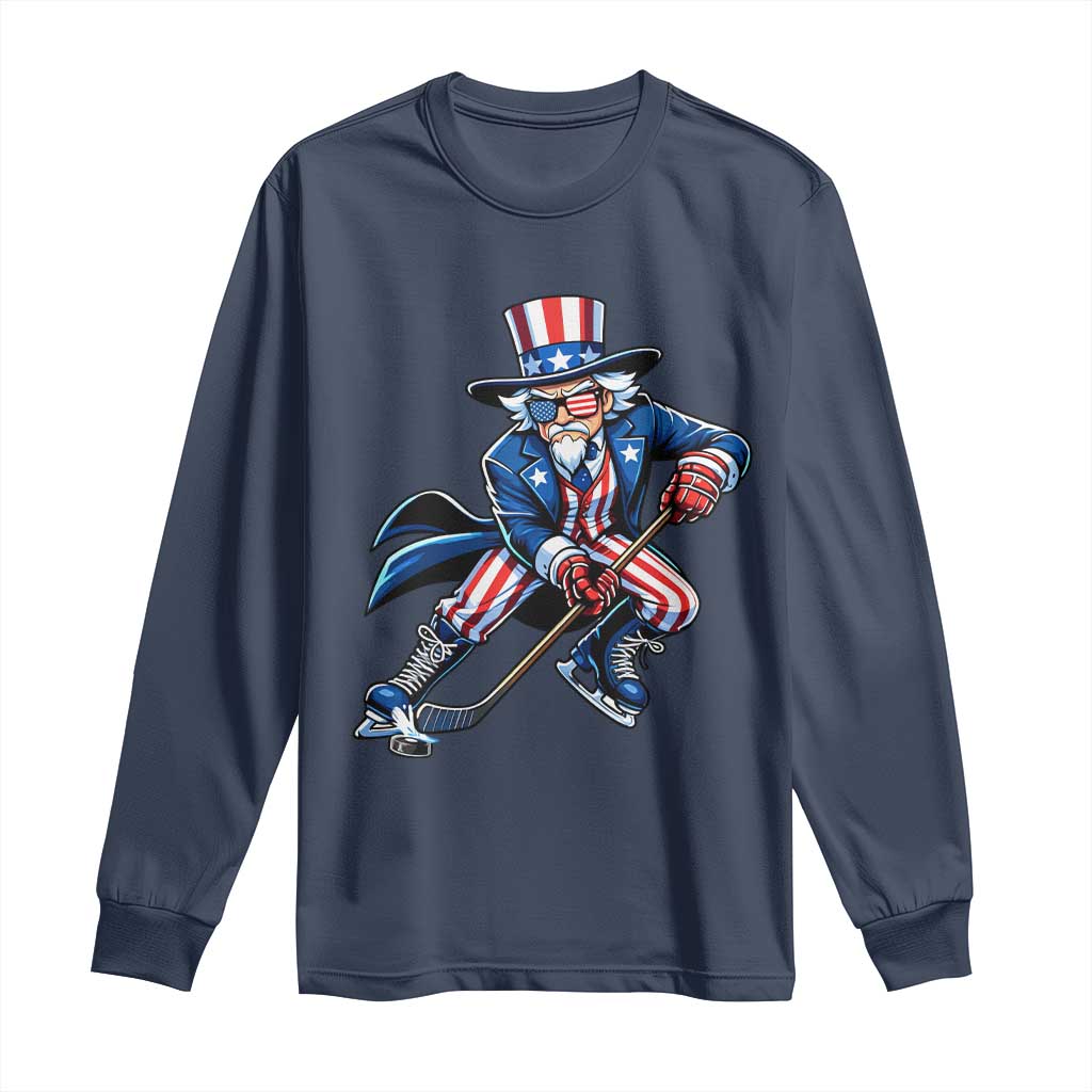Uncle Sam Playing Hockey Patriotic Graphic Long Sleeve Shirt Funny USA Ice Hockey American Pride TS02 Navy Print Your Wear