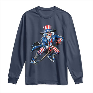 Uncle Sam Playing Hockey Patriotic Graphic Long Sleeve Shirt Funny USA Ice Hockey American Pride TS02 Navy Print Your Wear