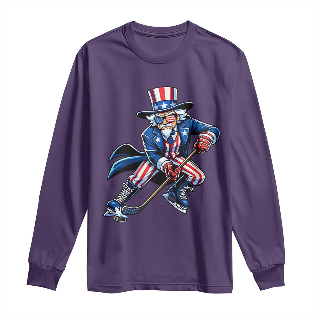 Uncle Sam Playing Hockey Patriotic Graphic Long Sleeve Shirt Funny USA Ice Hockey American Pride TS02 Purple Print Your Wear