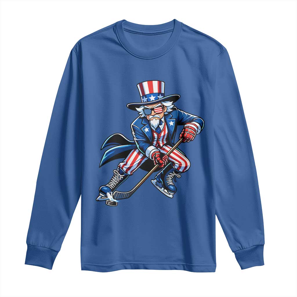 Uncle Sam Playing Hockey Patriotic Graphic Long Sleeve Shirt Funny USA Ice Hockey American Pride TS02 Royal Blue Print Your Wear