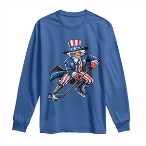 Uncle Sam Playing Hockey Patriotic Graphic Long Sleeve Shirt Funny USA Ice Hockey American Pride TS02 Royal Blue Print Your Wear