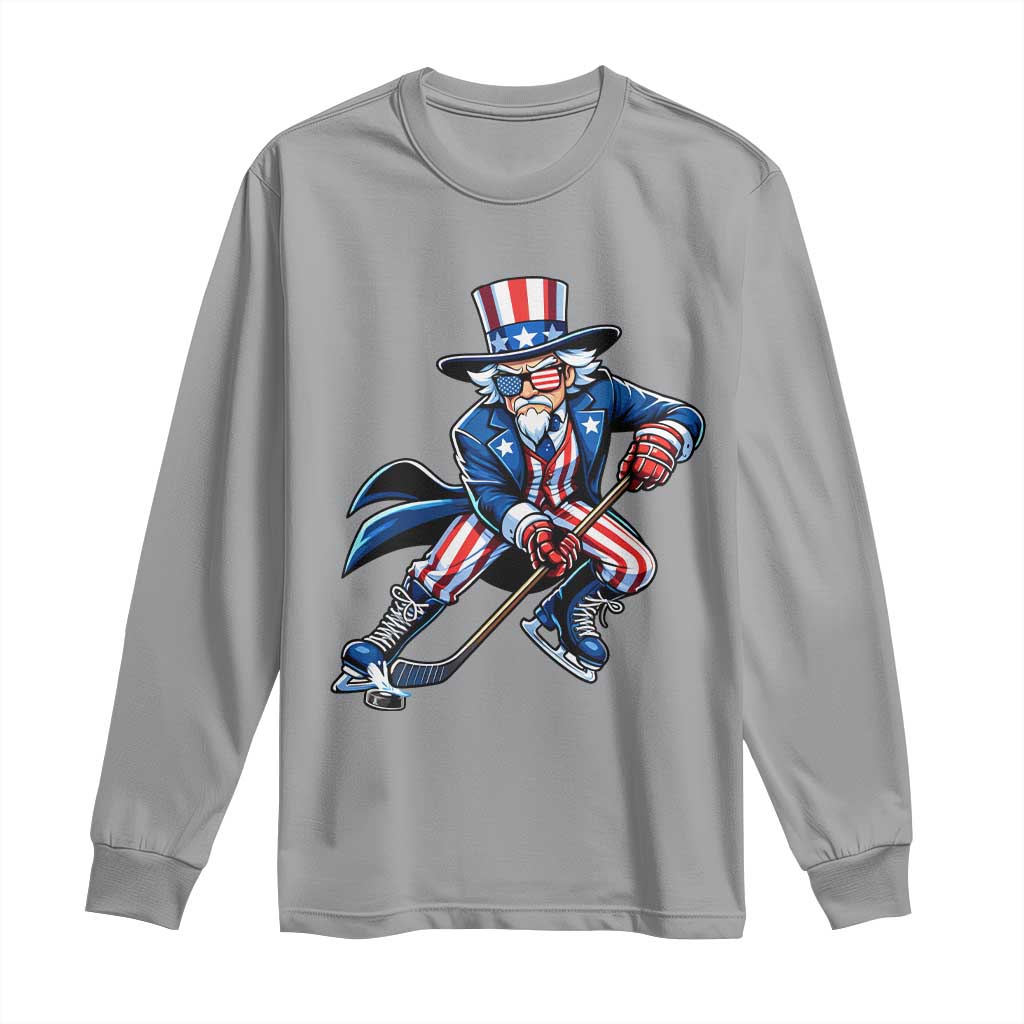 Uncle Sam Playing Hockey Patriotic Graphic Long Sleeve Shirt Funny USA Ice Hockey American Pride TS02 Sport Gray Print Your Wear