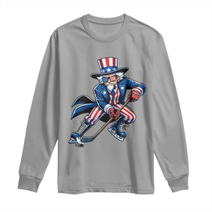 Uncle Sam Playing Hockey Patriotic Graphic Long Sleeve Shirt Funny USA Ice Hockey American Pride TS02 Sport Gray Print Your Wear