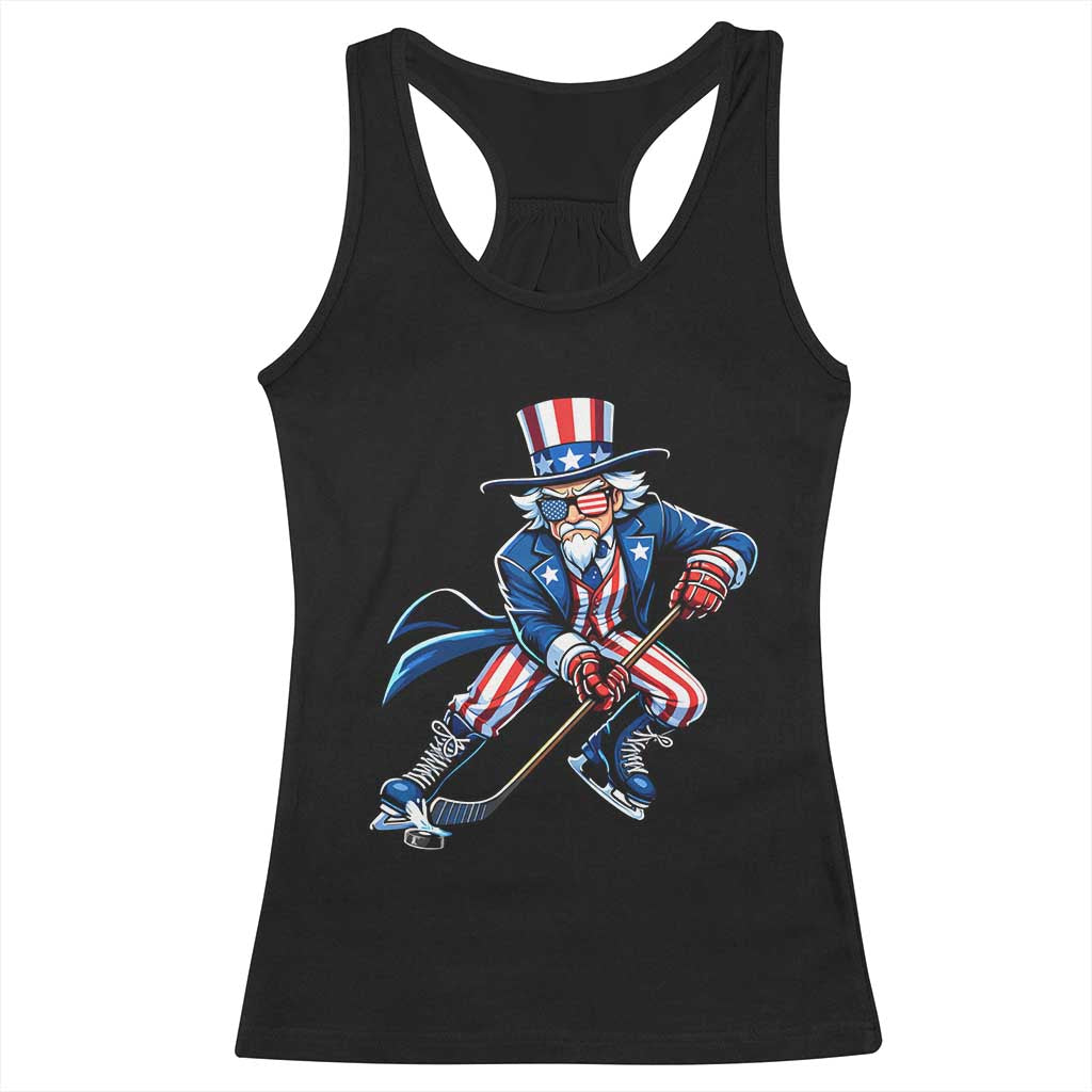 Uncle Sam Playing Hockey Patriotic Graphic Racerback Tank Top Funny USA Ice Hockey American Pride TS02 Black Print Your Wear