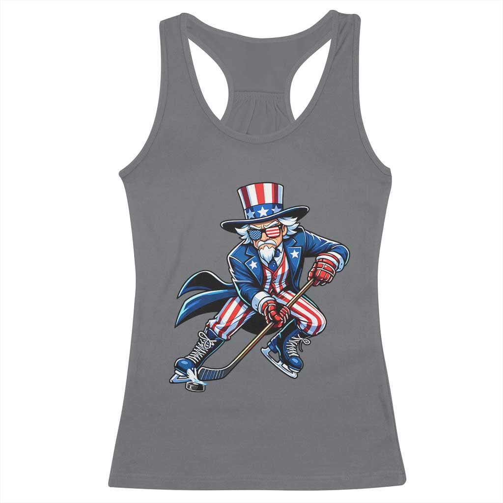 Uncle Sam Playing Hockey Patriotic Graphic Racerback Tank Top Funny USA Ice Hockey American Pride TS02 Charcoal Print Your Wear