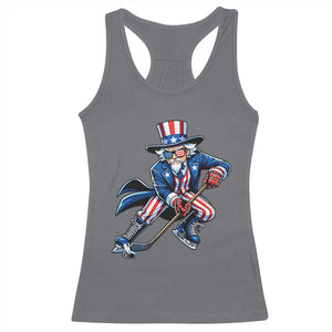 Uncle Sam Playing Hockey Patriotic Graphic Racerback Tank Top Funny USA Ice Hockey American Pride TS02 Charcoal Print Your Wear
