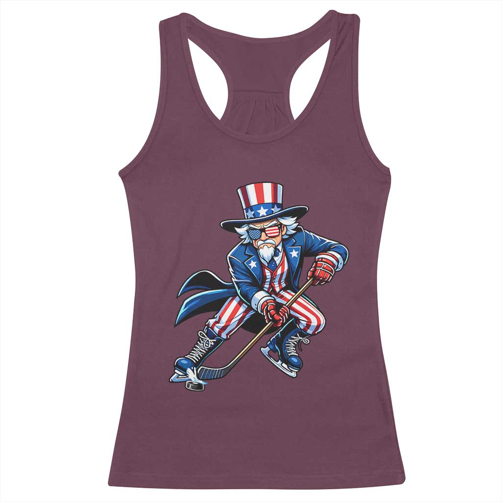 Uncle Sam Playing Hockey Patriotic Graphic Racerback Tank Top Funny USA Ice Hockey American Pride TS02 Maroon Print Your Wear