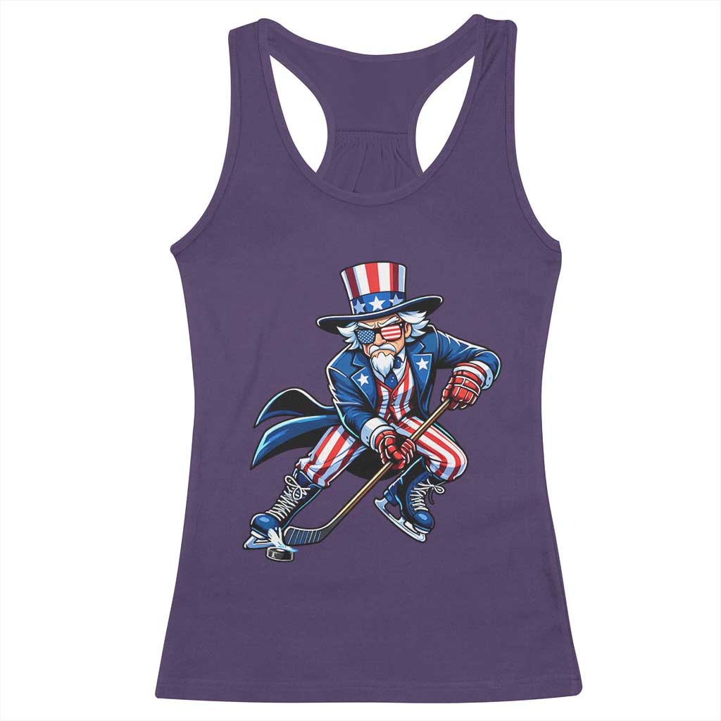 Uncle Sam Playing Hockey Patriotic Graphic Racerback Tank Top Funny USA Ice Hockey American Pride TS02 Purple Print Your Wear