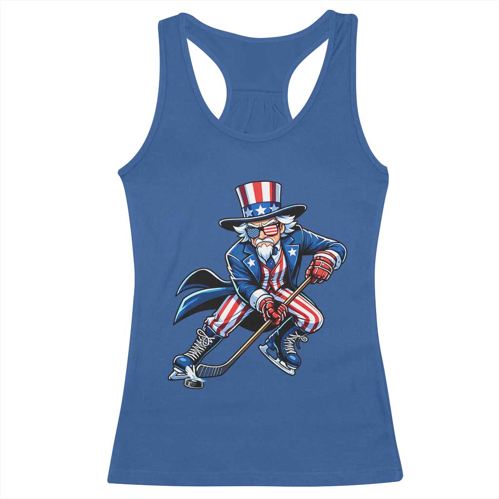 Uncle Sam Playing Hockey Patriotic Graphic Racerback Tank Top Funny USA Ice Hockey American Pride TS02 Royal Blue Print Your Wear