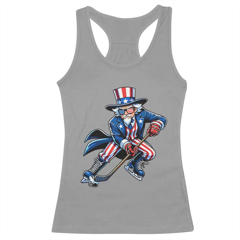 Uncle Sam Playing Hockey Patriotic Graphic Racerback Tank Top Funny USA Ice Hockey American Pride TS02 Sport Gray Print Your Wear
