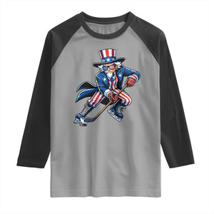Uncle Sam Playing Hockey Patriotic Graphic Raglan Shirt Funny USA Ice Hockey American Pride TS02 Sport Gray Black Print Your Wear